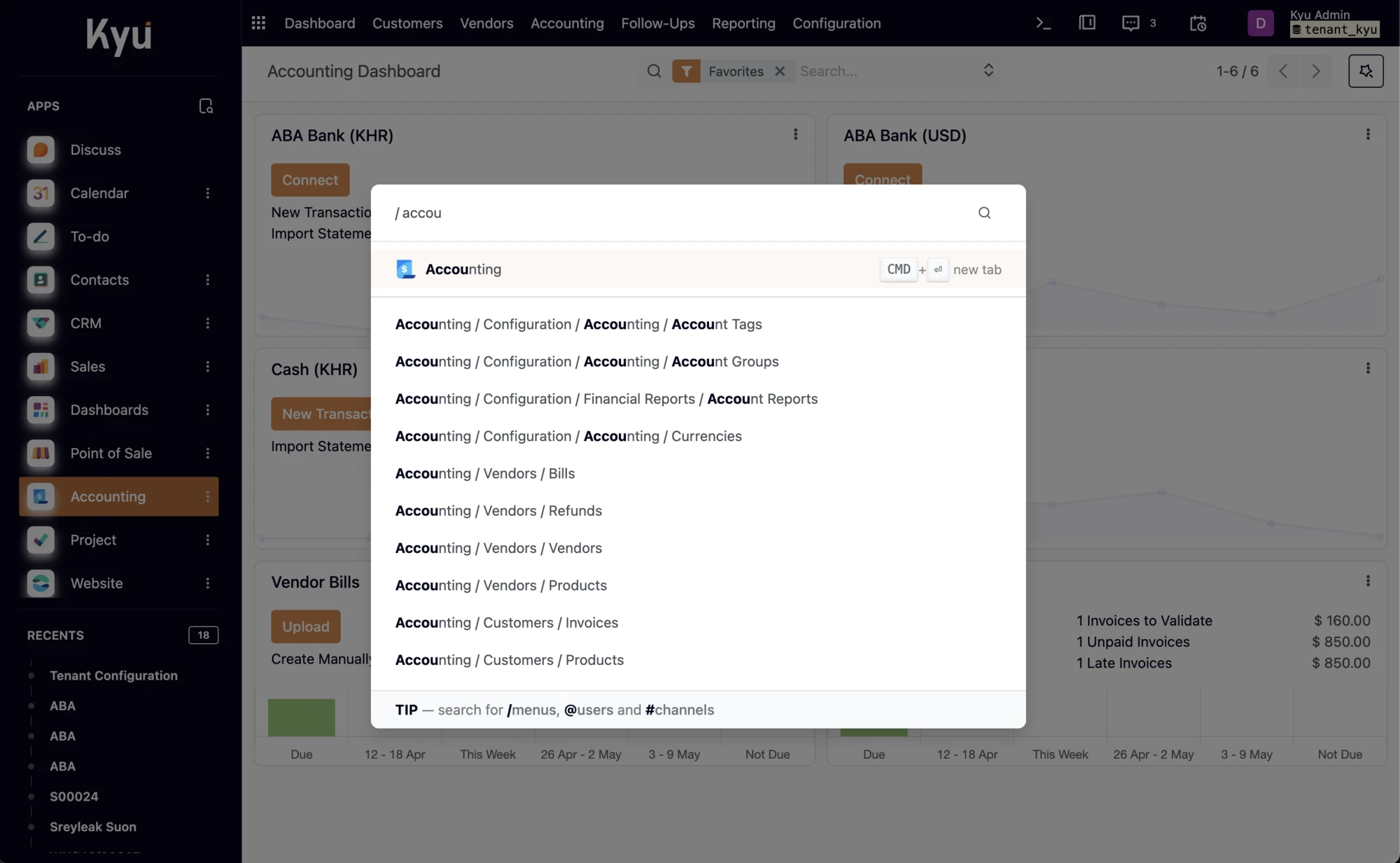 Kyu ERP dashboard screenshot