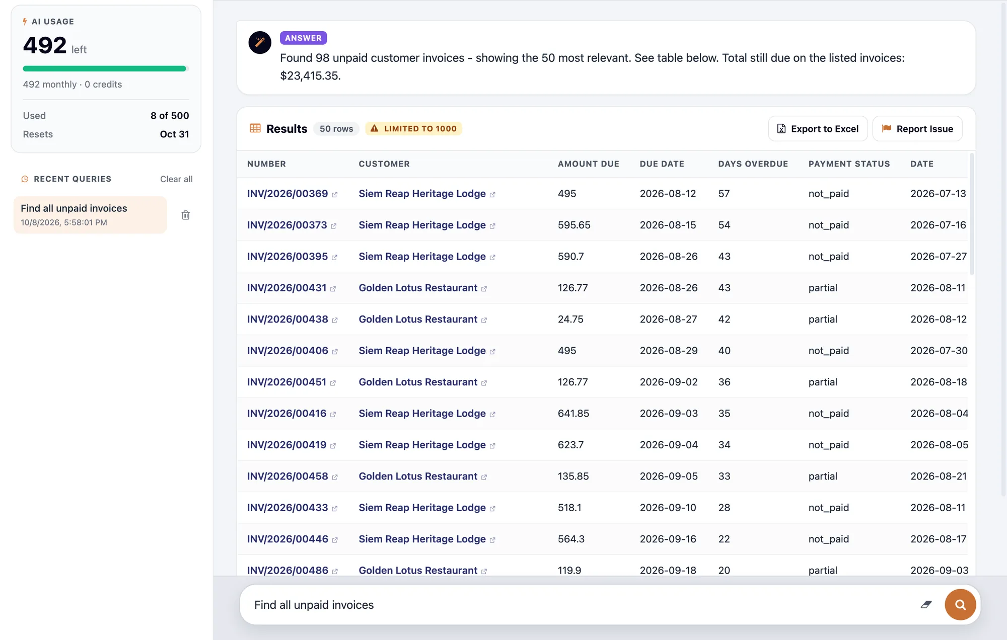 Kyu AI Smart Search answering “Find all unpaid invoices” with customers, amounts due, due dates, and linked invoice numbers