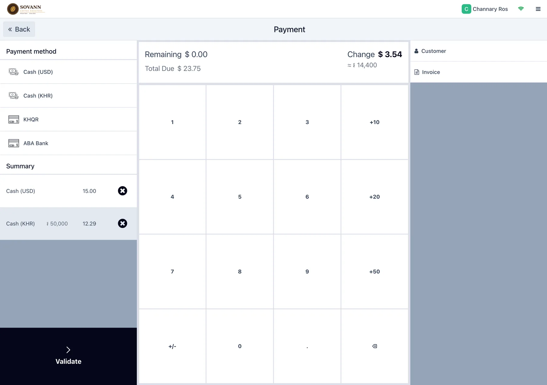 Kyu POS payment screen taking US dollar and riel cash in one sale, with change shown in both currencies