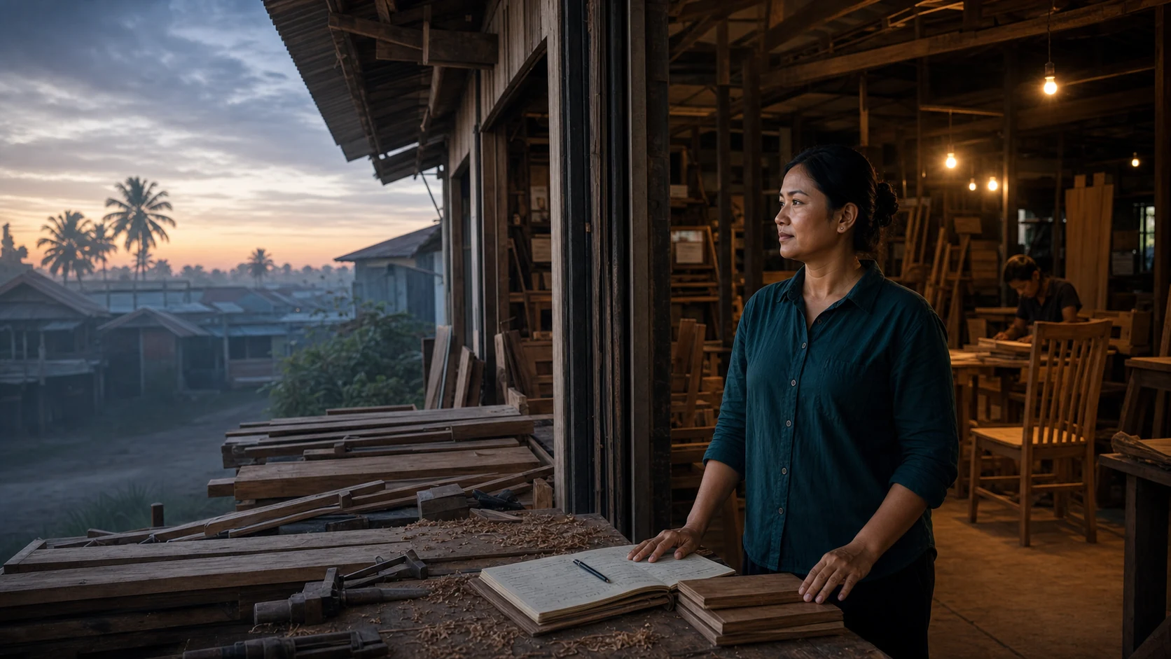 Sokha at the family furniture workshop
